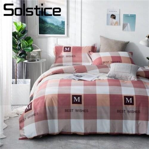 Solstice Home Textile Girls Adult Teen Woman Bedding Linens Set Red Plaid Brown Wavy Brief Duvet Cover Pillowcase Flat Bed Sheet