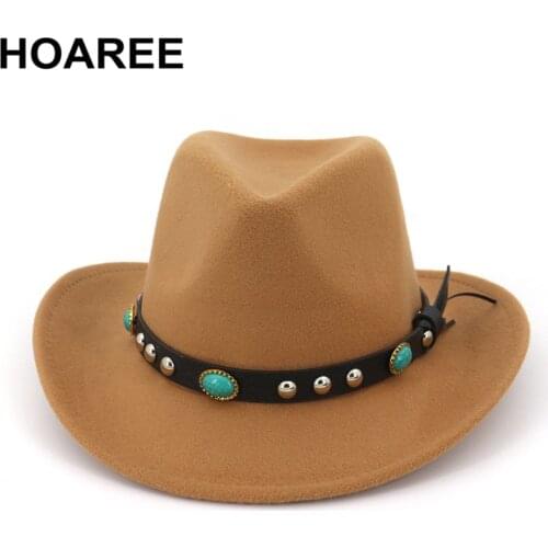 HOAREE Western Cowboy Hat Women Men Burgundy Wool Chapeu Gentleman Jazz Sombrero Hombre Cap Camel Elegant Lady Cowgirl Hats