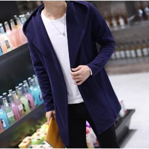 2017 New Autumn Long Hooded Jacket Coat Men Solid Knitted Manteau Coat Male Windbreaker Open Stitch Coats Casual Mens Trench