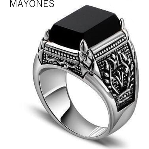 100% Real Pure 925 Sterling Silver Black Onyx Rings For Men Retro Engraved Flower Square Natural Stone Jewelry