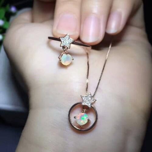 Natural Multicolor opal Ring Pendant Natural Gemstone Jewelry Set S925 Silver elegant Cute stars girls party present jewelry