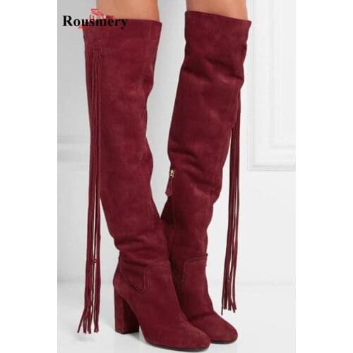High Quality Women Fashion Round Toe Knee High Tassels Thick Heel Boots Newest Sexy Long Fringes High Heel Boots