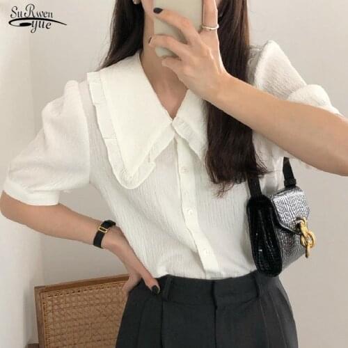 Puff Short Sleeve Chiffon Blouses Women Korean Chic Turn-down Collar Summer Women Shirt Fashion Ruffles White Tops Blusas 14776