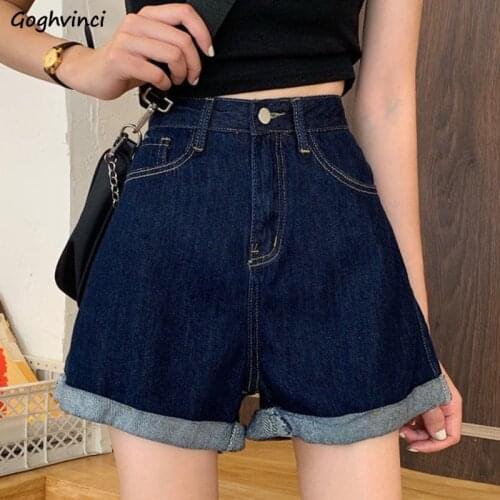 Denim Shorts Women Summer Crimping High Waist A-line Loose Streetwear Korean Style All-match Leisure Teens Vintage Retro Chic