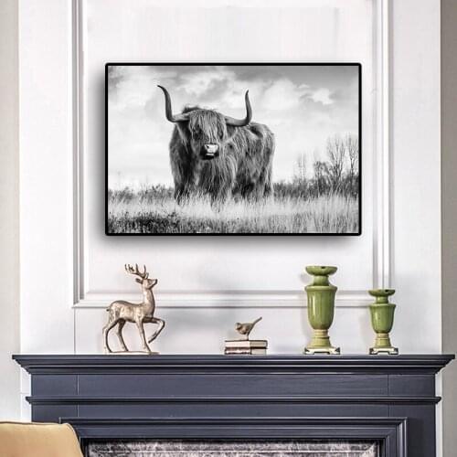 Nordic Black White Highland Cow Cattle Animal Canvas Painting Posters and Prints Scandinavian Wall Art Picture for Living Room