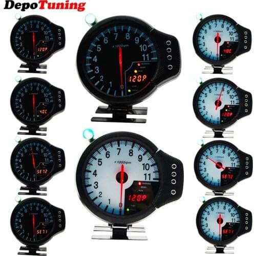 DepoTuning 5" Tachometer EL-3-in-1 Water Temp Oil Press RPM Meter White/Black Face With Logo