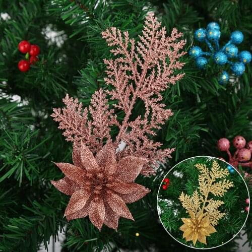 Glitter Gold Artificial Christmas Flowers Xmas Tree Decorations Ornaments Merry Christmas Decorations for Home New Year Gift