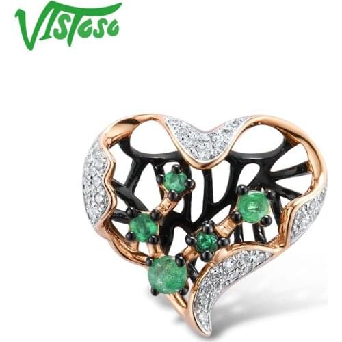 VISTOSO Gold Pendants For Women Pure 14K 585 Rose Gold Hollow Heart Natural Emerald Sparkling Diamond Wedding Fine Jewelry