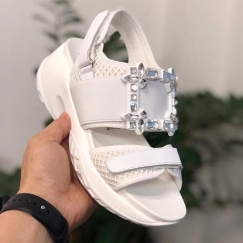 High Quality Genuine Leather Women Sandals Runway Luxury Crystal Hook & Loop Sandals Ladies Summer 2020 Fashion Flat Shoes