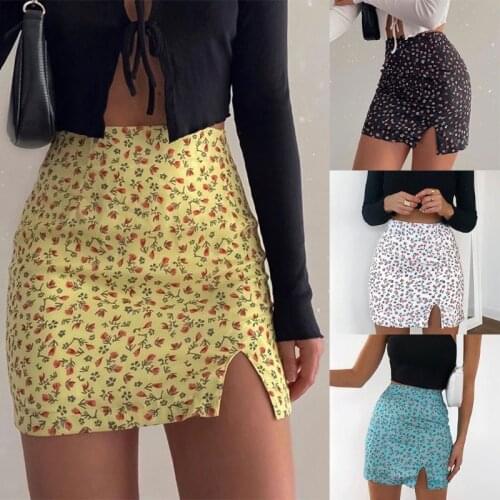 Women Summer High Waist Boho Floral Print A-Line Mini Skirt Sexy Side Split Casual Skinny Slim Fit Zipper Streetwear