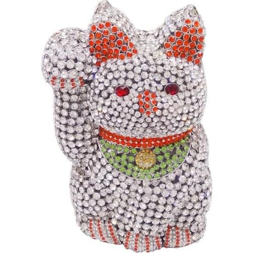 Luck Cat Shape Women Crystal Clutch Evening Purses Bag Ladies Party Dinner Minaudiere Handbag