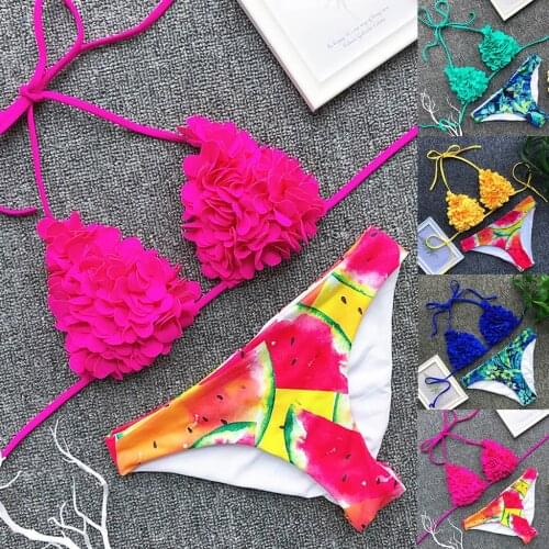 Womens Sling Bikini Set Bud pattern Swimsuit Two Piece Filled Bra Swimwear Bikini 2021 mujer Beachwear maio feminino praia