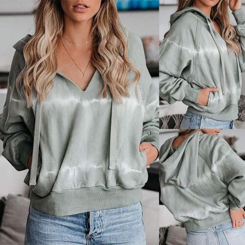 Women Casual Long Sleeve Tie Dye V Neck Drawstring Hooded Pullover Top Blouse Loose Hoodies Female Casual Coat Streetwear