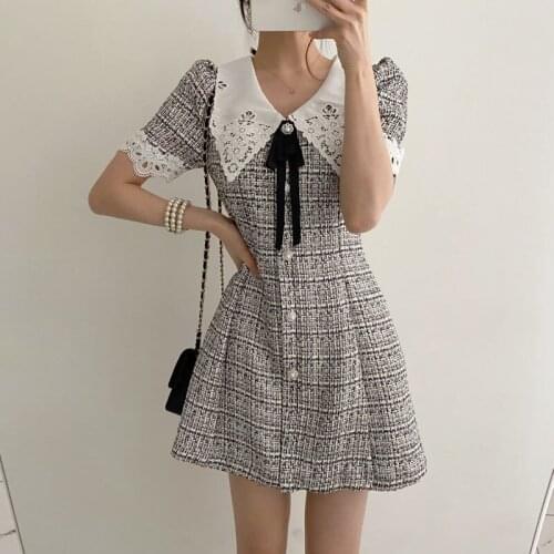 One Piece Slim Waist Office Lady Vestidos Robe Sweet Peter Pan Collar Summer Female Hollow Out Temperament Mini Dress Kawaii New