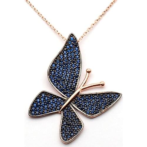 925 Sterling Silver Rose Plated Women Necklace with Zircon Stone and Butterfly Design