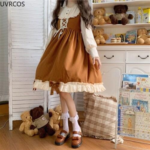 Autumn New Kawai Lolita Role Play Dress Japanese Soft Girl Cute Bow Splicing Women Dress Long Sleeve Ruffles Brown Stripe Dresse
