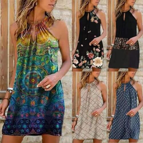 Women Printed Elegant Halter Dresses Summer Boho Sexy Sleeveless Mini Dress Female Casual O-Neck Beach Party Dresses Plus Size