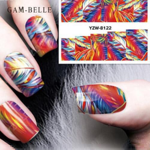 GAM-BELLE 1 Sheet Peacock Feather Design Nail Art Sticker Full Cover Nail Wraps Transfer Sticker Decals Nail Decoration Manicure