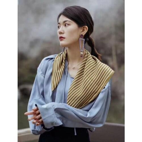 100% Thick Silk Elegant Women Square scarf Stripe Vintage OL Crepe de Chine Silk Hair Accessories High Quality Hair Scarf 2021