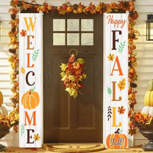 2pcs Thanksgiving Banner Happy Fall Harvest Front Door Curtain Porch Home Hanging Couplet Holiday Sign Party Garden Decorations