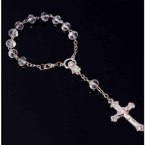 48 Pieces/Batch Mini Catholic Rosary 8mm Blue Crystal Beads Rosary Bracelet Childrens Communion Gift Virgin Mary Rose Baptismal