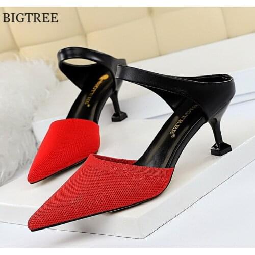 Korean Ladies Fashion Daily Baotou Slippers Summer High Heels 6cm Women Shoes Patchwork Pointed Party Dress Soft Slippers Women