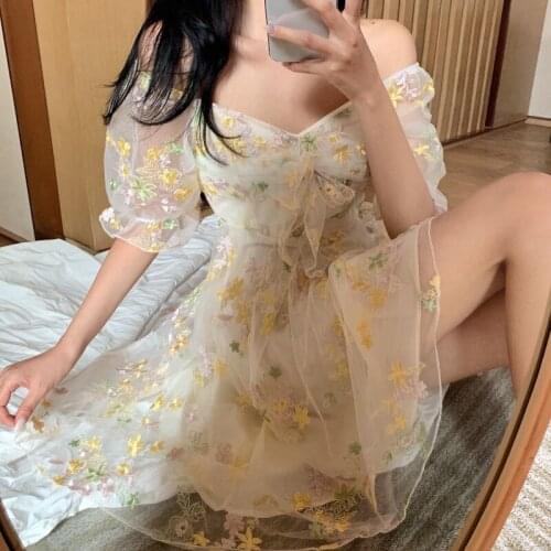 Harajuku Kawaii Summer Dresses Vintage Cotagecore Aesthetic Cute Mesh Patchwork Puff Sleeve Lace Up Party Sundresses Vestidos