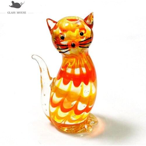 Mini Murano Glass Cat Figurine Handmade Cartoon Animal Craft Ornaments Cute Vivid New Year Gifts For Kids Room Decor Collection