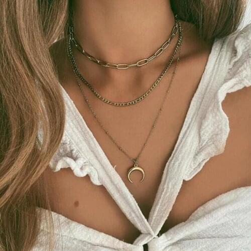 Multi-layered Thick Clavicle Chains Necklace for Women Retro Geometric Crescent Pendant Necklace Gothic Jewelry Gift