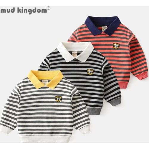 Mudkingdom Stripe Collared Sweatshirts For Boys Tiger Lapel Pullover Casual Cotton Tops Spring and Autumn Children Clothing