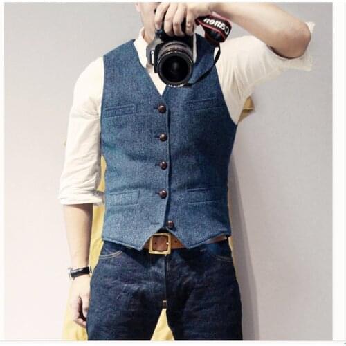 OLOMLB Chic Mens Vest Denim Jeans Color Woolen Blended Business Casual Slim Formal Waistcoat Single Breasted Oversize S-4XL 2021