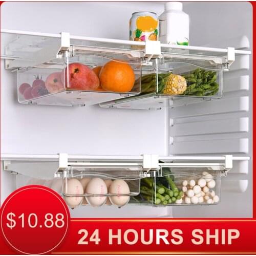 Plastic Clear Fridge Organizer Slide Under Shelf Drawer Box Rack Holder Refrigerator Drawer Kitchen Fruit Food Storage Box