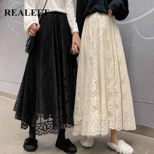 REALEFT Vintage Women Lace Crochet Umbrella Long Skirts 2021 New Bohemian High Waist Hollow Out Female Maxi Skirts Spring Summer