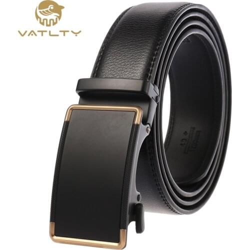 VATLTY Official authentic fashion business mens leather belt matte black hard metal automatic buckle natural cowhide suit belt