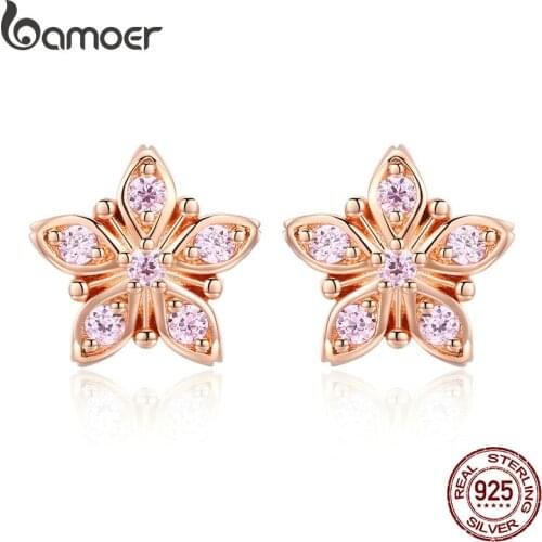 BAMOER Genuine 925 Sterling Silver Sakura Pink Flower Exquisite Stud Earrings for Women Wedding Party Jewelry Gift BSE034