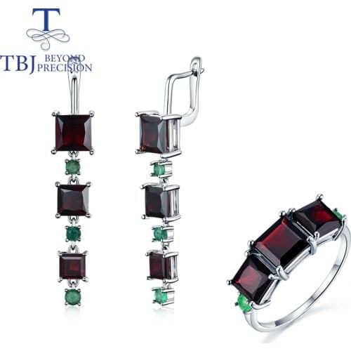 Natural Black garnet jewelry set square shape garnet natural green emerald Ring earring 925 sterling silver fine jewelry set