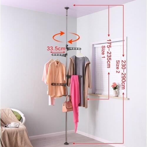 BAOYOUNI Ceiling to Floor Tension Pole Garment Rack Coat Scarf Hat Hanger Shelf Clothes Drying Rack with Hooks Holder DQ0777-B
