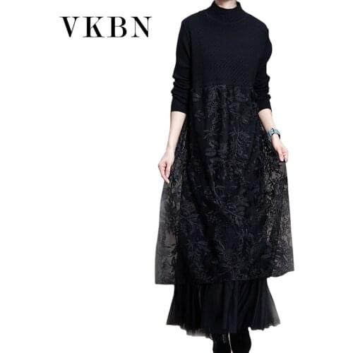 VKBN News Winter Dresses for Women Wool Casual Turtleneck Long Sleeve Loose Lace Knitted Stitching Clothing Elegant