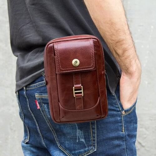 Cowhide mens shoulder messenger bag fashion small mobile phone belt bag