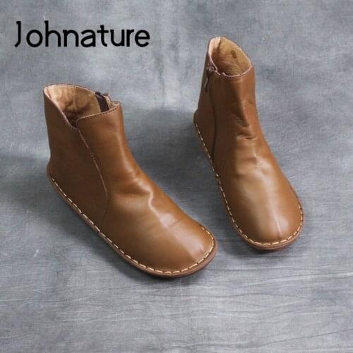 Johnature Ankle Women Boots Ladies Shoes Genuine Leather Zip Round Toe 2020 New Sewing Flat With Handmade Leisure Platform Boots