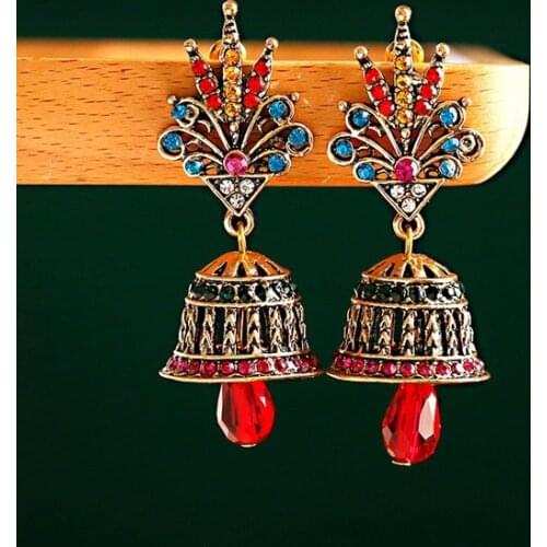 Boho Gypsy Flower Earrings For Women Orecchini Jewelry Retro Luxurious Rhinestone Beads Ladies Jhumka Earrings