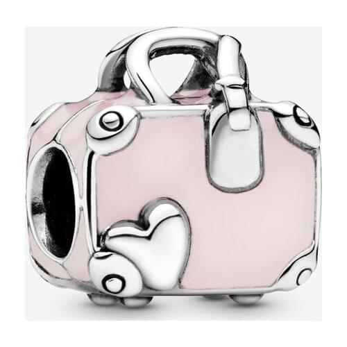 New Original 925 Sterling Silver Bead Pink Travel Bag Charm Travel Fit Pandora Bracelet Necklace DIY Women Jewelry