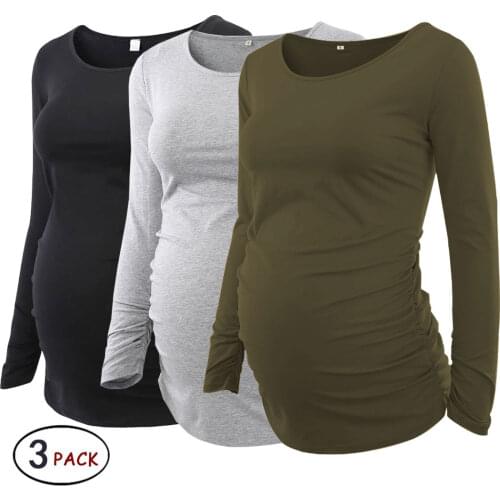 3 Pack SAVE Womens Maternity Long Sleeve Pregnant Blouses Tops Flattering Side Ruching Maternity Clothes Pregnancy T-Shirt