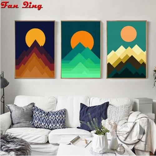 Diamond Embroidery 5D DIY Diamond Painting Nordic Abstract Geometric Mountain Landscape Wall Art Painting Golden Sun