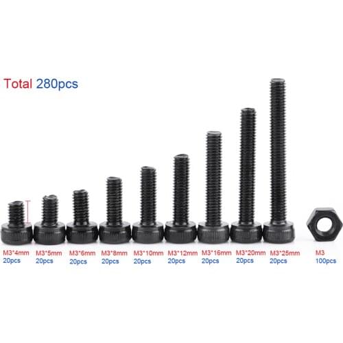 AXK 280pcs M3 (3mm) Alloy Steel Grade12.9 High Tensile Socket Cap Screws Allen Bolts DIN912 With Hex Nuts Assortment