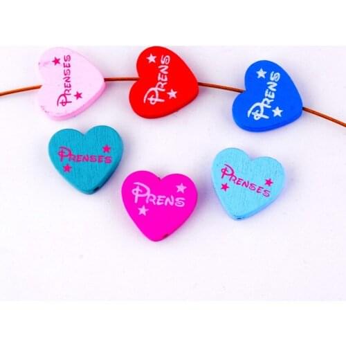 Free Shipping 20pcs Hot New Random Mixed Multicolor Cute Heart 'Prens' Wood Beads Jewelry Fashion DIY Craft 23x21mm