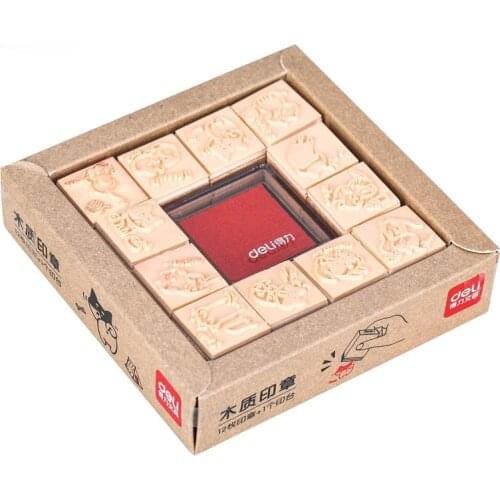 Clock small animal kitten student hand account seal set wooden retro seal cute cartoon retro educational toy rubber stamp