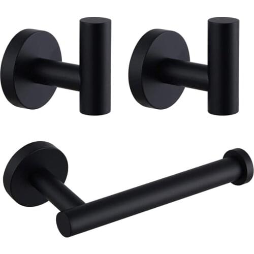 Black Bathroom Accessories Kit 3 Pcs Bathroom Hardware Set Includes Toilet Paper Holder, Robe Towel Hooks