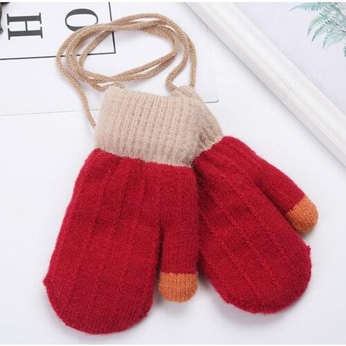 Kids Winter Double Layer Thick Warm Full Finger Stitching Knitted Gloves Mittens