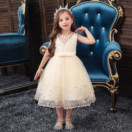 Champagne Kids Dress for Girls Children Party Perform Beading Dress Kids Princess Vestidos Girls Flower Dresses Wedding Birthday